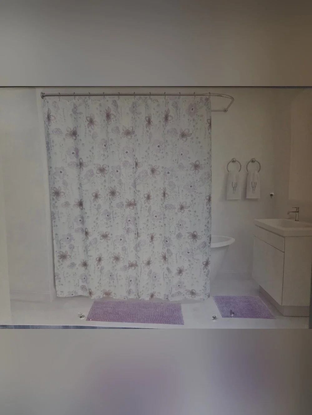 Nanette Lepore Lavender Floral Shower Curtain and Hooks- Purple & White